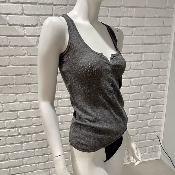 ZADIG & VOLTAIRE “DONELLI” GRAY TEXTURED CLOVER PATTERN HENLEY PIQUÉ TANK TOP - Picture 3 of 16